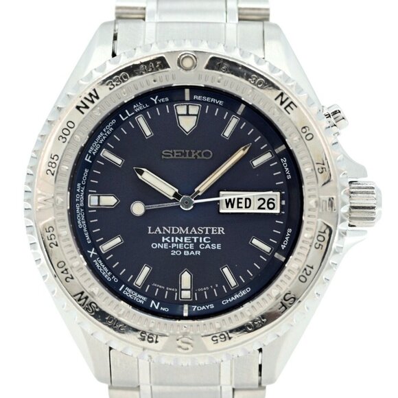 Men's 41mm Seiko Kinetic SBCW019 Landmaster One Piece Case Blue Watch 5M43-0E80! - Picture 1 of 10